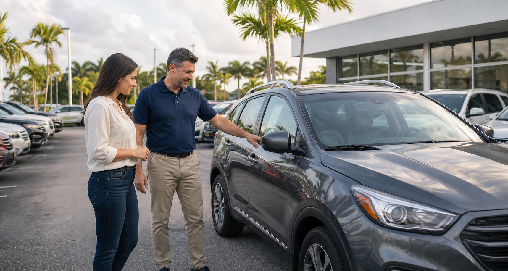Independent car dealer presenting a vehicle to a customer